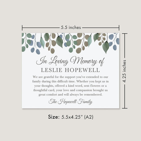 5.5x4.25 In Loving Memory Funeral Thank You Cards with Leaves, Flat Personalized Sympathy Bereavement Notes