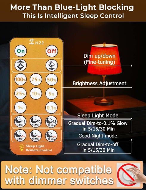 Bulbs 1600K E26 A19, 9W (4 Packs) Amber Sleep Light with Remote Control, Blue Light Blocking for Sleep Therapy, Baby