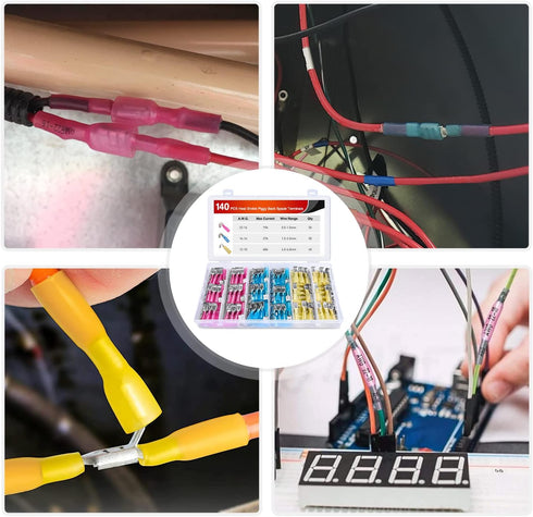 Nilight 140PCS Heat Shrink Piggy Back Spade Terminals, Assortment Kit for 22-16/16-14/12-10 AWG