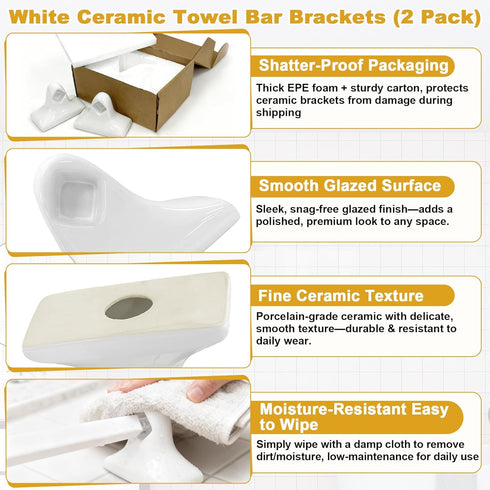 2 Packs Set White Ceramic Porcelain Towel Bar Brackets - Vintage Retro Mid Century Modern Wall/Tile Mount Flat Back