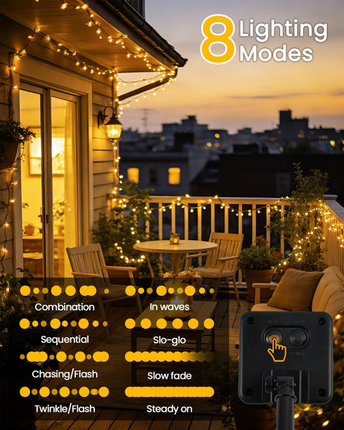 2Pack 240LED 92FT 8 Solar String Lights Outdoor | Total Waterproof Solar Christmas Lights with Modes & Memory, Auto