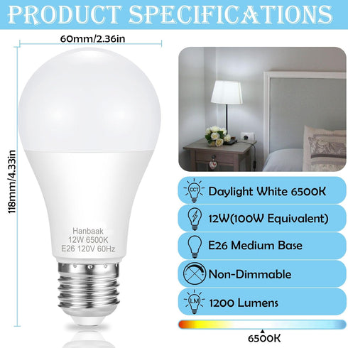 E26 LED Bulb, 100W Equivalent Light Bulb, 12W Medium Base Bulb, Non-Dimmable, Daylight White 6500K, 1200lumen, 10Packs by Hanbaak