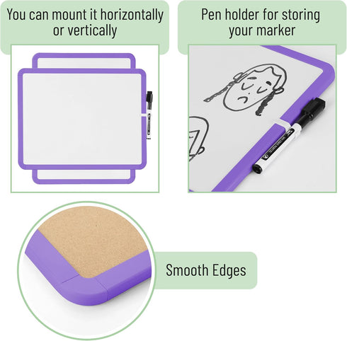 Mr. Pen Dry Erase Board, 14” x 11” with Black Marker, Purple Frame, Small White Board for Kids and Students