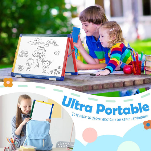 SWANCROWN Portable Magnetic Dry Erase White Board for Kids, 16x12 Inch Double Sided Tabletop Easel with 82Pcs Magnets