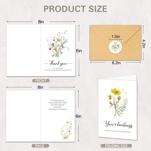 50 5 4x6in Funeral Thank You Cards with Envelopes, Designs, Watercolor Wildflower Bereavement Sympathy Thank You Card
