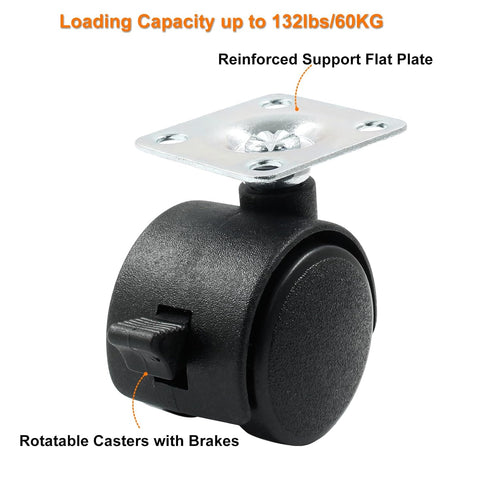 4pcs 1 Inch Black Nylon Swivel Caster Wheels with Brake, Heavy Duty Replacement for Furniture, Cart, Cabinet, Shelf