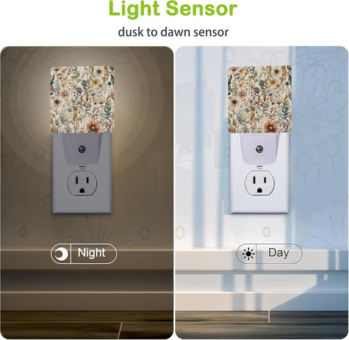 AOWULA Boho Watercolor Floral Night Light, Dusk to Dawn Sensor Night Lights for Bedroom Bathroom Kitchen Hallway Stairs