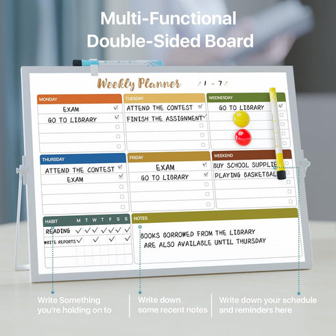 Double-Sided Dry Erase White Board with Stand, 12x16 inch Weekly Schedule Board for Planning with 10 Markers
