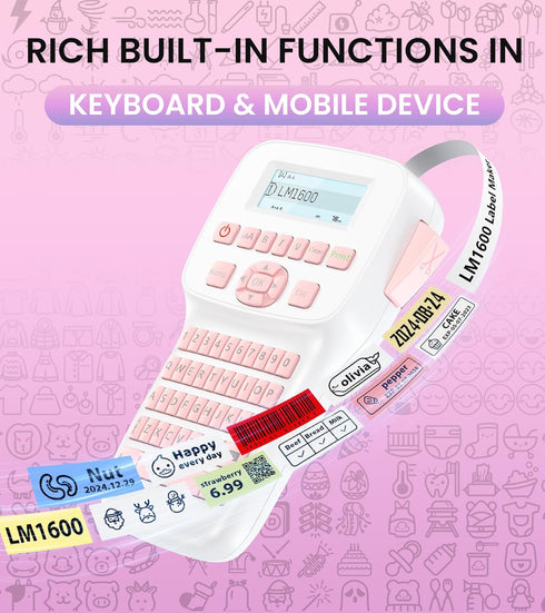 Rechargeable Pink Label Maker with Tape, Bluetooth Labeler Machine LM1600, Backlit Screen, Easy to Use, Inkless