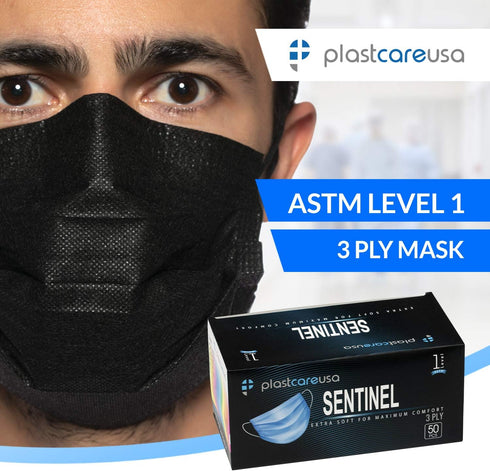 1 3-Ply (50, 100, 1000 Pack) PlastCare USA ASTM Level Disposable Face Masks - Comfortable and Soft Blue or Black Mask