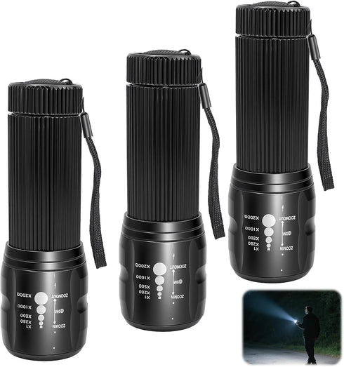 Vocect 3 Set, Pcs Mini Flashlights, High Lumen Pocket Tactical Flashlight Adjustable Focus Zoom Torch Lights Powered by