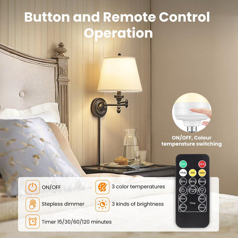 Rechargeable Light Bulbs with Remote Control Timer, 3 Color Temperature Options, E12, 2 Pack Battery Operated