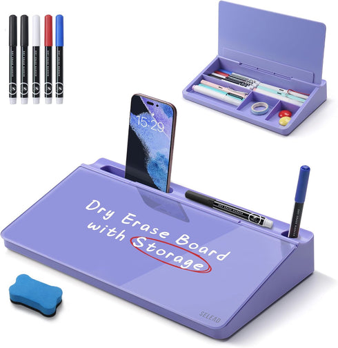 SELEAD Desktop Glass Whiteboard with Storage, Small Dry Erase White Board Computer