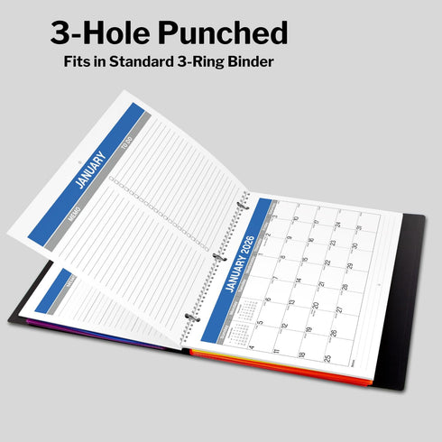 Dunwell 2025-2026 Calendar Binder 8.5x11, 3-Hole Punched, Fits 3-Ring Notebook, Use Now to Dec 2026, Wall Calendar
