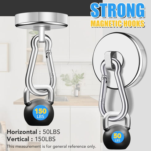 Magnetic Hooks Heavy Duty 150Lbs, 4 Pack Super Strong with Swivel Carabiner for Hanging