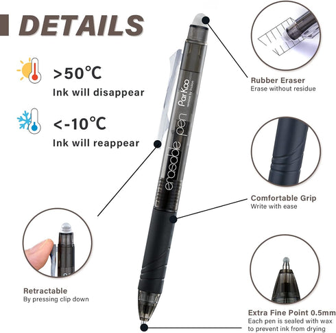 ParKoo Retractable Erasable Gel Pens Clicker Fine Point 0.7 mm, Make Mistakes Disappear, 3 Black/3 Blue Ink Pens with 4 Bonus Refills for Drawing Writing Journaling and Crossword Puzzles by ParKoo