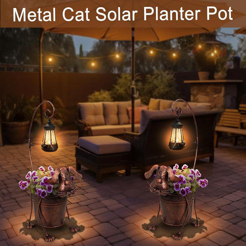 Solar Lights Outdoor with Planter Pot,Metal Dog Solar Lamp Post with Planter Base Outdoor Decorative