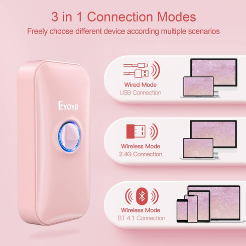 Eyoyo Mini 1D Bluetooth Barcode Scanner, 3-in-1 Portable Barcode Reader for Windows, Android, iOS (Pink)