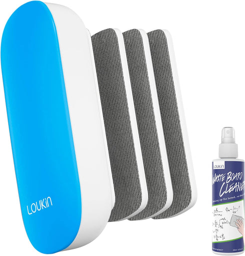 loukin Magnetic Dry Erase Eraser with 3 Replaceable Felt Pads and 3.4 oz Whiteboard Cleaner Included (Blue)