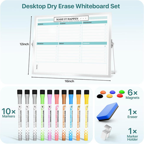 Dry Erase White Board with Stand, Double-Sided Weekly 12x16 inch, 10 Markers, 6 Magnets, Portable for Office