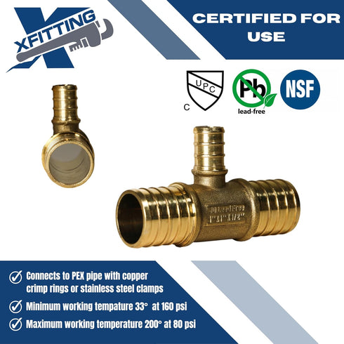 1 inch X 1 inch X 1/2 inch Pex Tee, Pex B Pipe Crimp Fittings, Brass, 10 Pieces