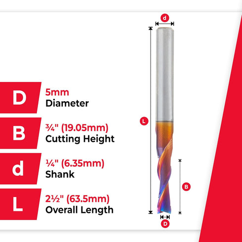 Amana Tool 46211-K Solid Carbide Down-Cut Spiral Plunge Router Bit, 5mm Dia x 3/4 CH x 1/4 Shank