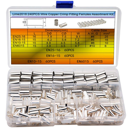240PCS Wire Copper Crimp Fitting Ferrules - Non Insulated Cable Housing Ferrule Pin Terminal Kit, 4 Types Gauge