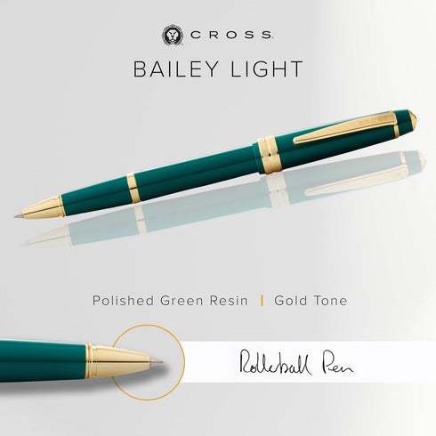 Cross Bailey Light Refillable Rollerball Pen - Medium Point, Black Ink, Presented in Gift Box (Polished Green)