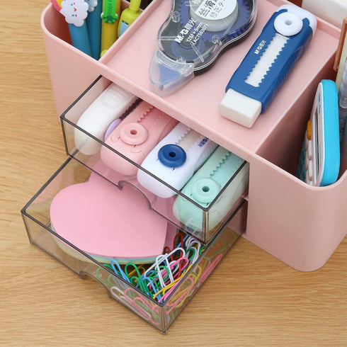 LETURE Desk Organizer with 2 Drawers, Plastic Pen Pencil Card Holder for Office Supplies, Home School (Pink)