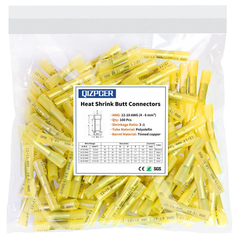 100 Pcs Yellow Heat Shrink Butt Connectors, 12-10 AWG Waterproof Crimp Terminals for Automotive, Marine Wiring