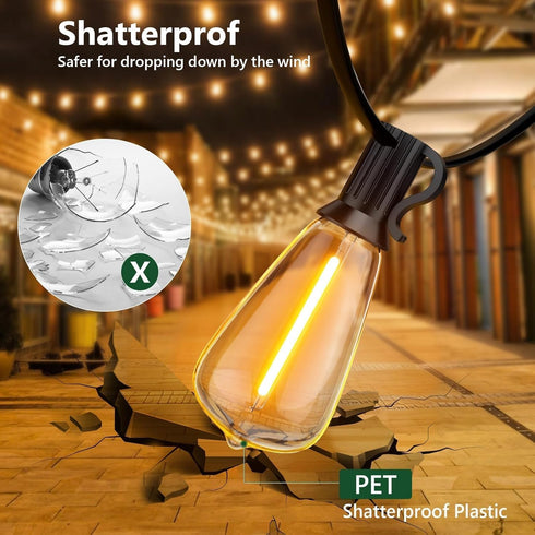 50FT ST38 Bulbs, 2500K Dimmable Outdoor String Lights, Waterproof Patio Lights with Shatterproof Vintage Edison
