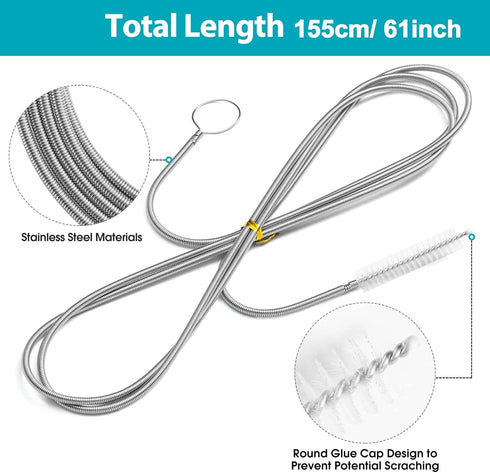 Extra-Thick Drain Brush with Stronger Spring 61-Inch Stainless Steel and Nylon Pipe Cleaner for Flexible, Curved & Slim Holes, Stronger Spring Version by RayTour
