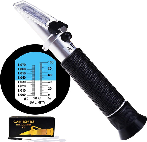 Dual Scale Salinity Refractometer ATC 0-100ppt (0-10%) & 1.000-1.070 Specific Gravity, Portable Meter Tester
