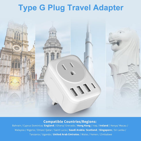 UK Ireland Travel Plug Adapter, RATEA Type G Power Adaptor with 3 USB-A, 1 USB-C Outlet Charger for US to Scotland London England British Irish Kenya Dubai Qatar Hongkong Plug Converter