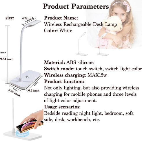 BueRallan 2PCS 3 LED Desk Lamps, Table Lamp, Night Stand Light for Home, Lighting Modes, Wireless Fast Charging, Desk