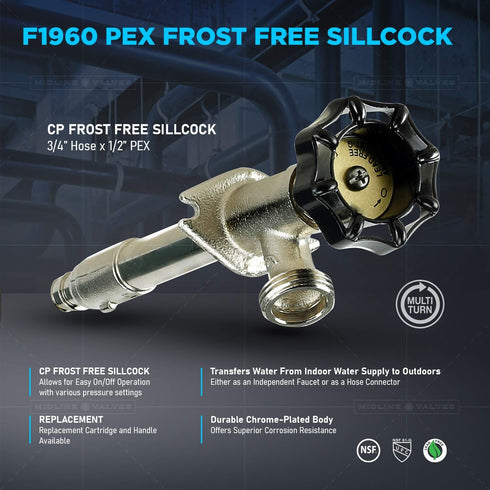 10 Inch 1/2" 3/4" Midline Valve Anti-Siphon Frost-Free Sillcock PEX-A Inlet x Hose Bib Outlet, Chrome-Plated, Lead-Free