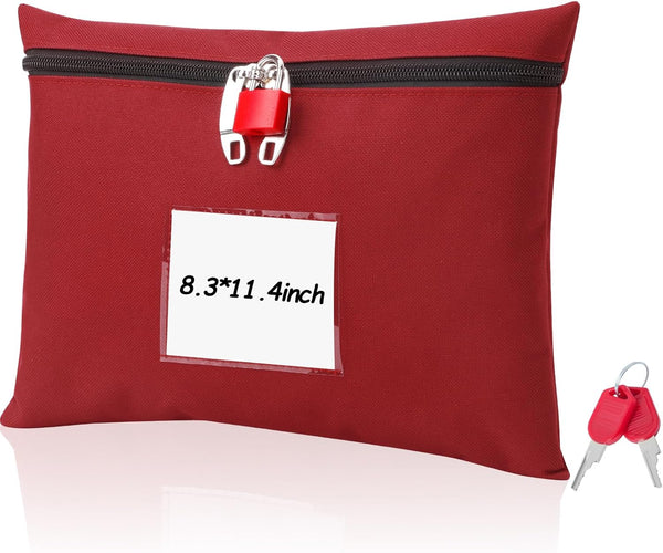 Money Bag with Lock and 2 Keys, 11.4*8.3inch Canvas Documents Bag for Cash, Business Personal, Red