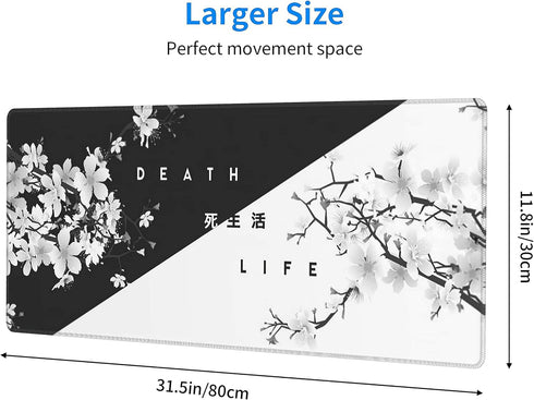 Black White Cherry Blossom Mouse Pad, Japanese Sakura Extended Desk Mat 80X30 cm, Non-Slip Rubber Base for Gaming Laptop