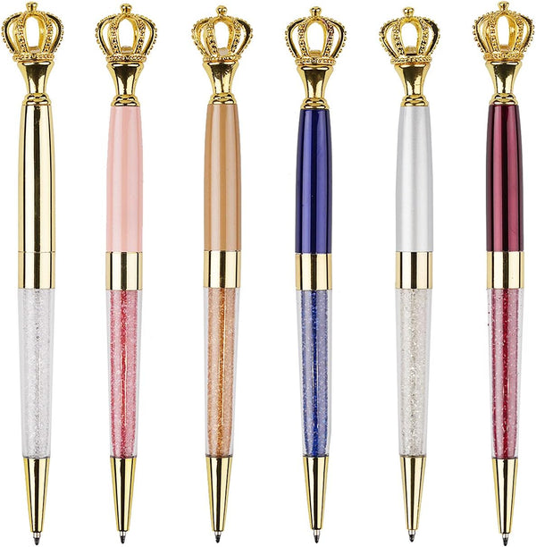 YOUMI 6Pcs Ballpoint Pen Set, Crown Crystal Metal Pens, Black Ink Glitter Diamond Pens for Office, School Stationery