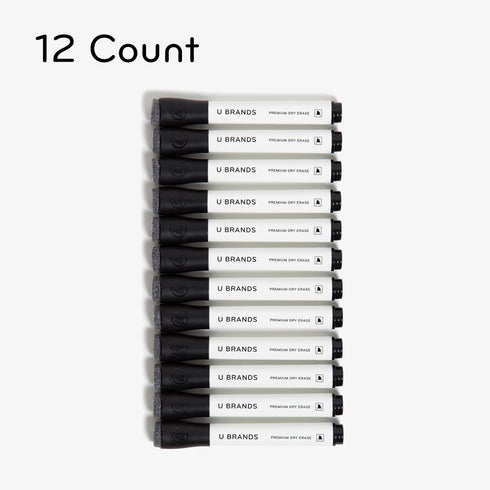 U Brands Set of 12 Fine Tip Dry Erase Markers with Eraser, Low Odor, Black, Chisel Tip Whiteboard Markers