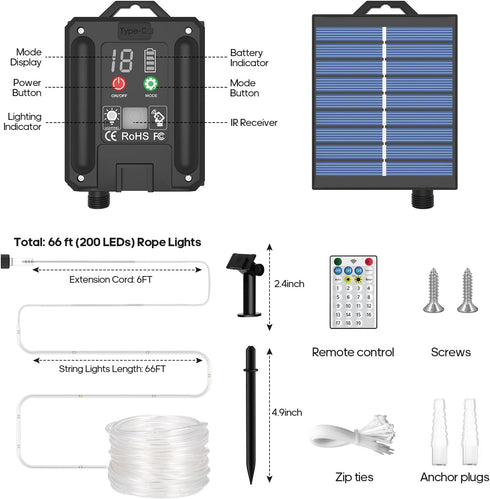 66Ft 200LED 1800mAh 19 IP67 ICRGB Solar Rope Lights Outdoor, Christmas String Lights with Remote, Type C, Modes