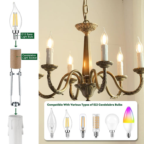 E12 Bulb (12-Pack/Ceramic Candelabra Light Socket,Length Adjustable Ceramic Socket for Chandelier Lighting,Candelabra