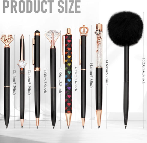 WEMATE 8Pcs Ballpoint Pens Set, Metal Crystal Diamond Glitter Pens for Journaling, Black & Blue Ink