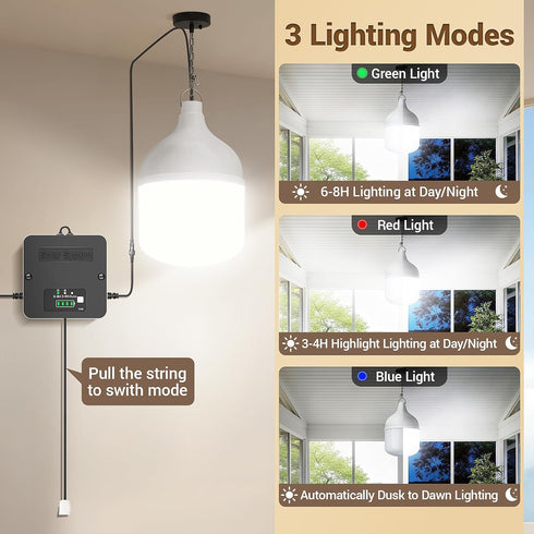 6500K IP65 3 1 Pack Solar Shed Light Indoor Outdoor, Daytime Available Pendant Light with Pull String, Power Display