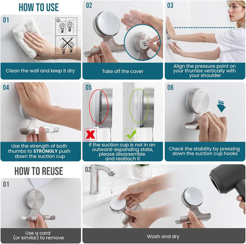 2 Pack 304 TAILI Powerful Suction Cup Razor Holder, Stainless Steel Bathroom Suction Hooks for Towel, Loofah, Bathrobe
