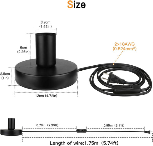 Industrial Mini Table Lamp Base - E26 E27 Without Shade, Short Desk Lamp Exposed Bulb Base, Simple Metal with 5.8ft Cord