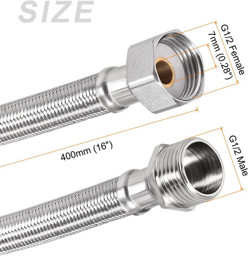 Faucet Supply Line Connector (400mm/16") 2Pcs, 304 Stainless Steel G1/2 Female to G1/2 Male Water Supply Hose Connector - for Kitchen Bathroom