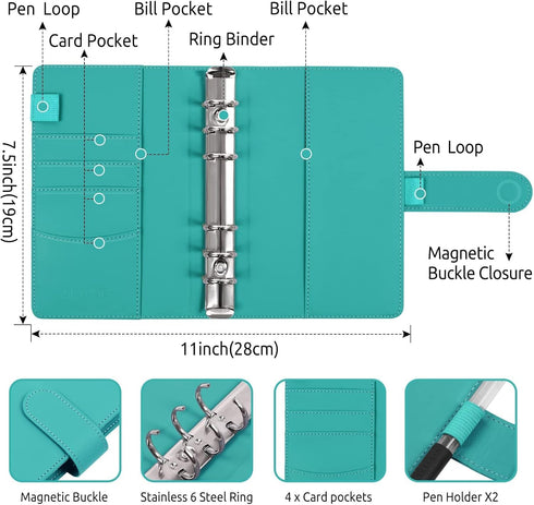SKYDUE Budget Binder, Money Saving Binder with Zipper Envelopes, Cash Envelopes and Expense Sheets (Turquoise)