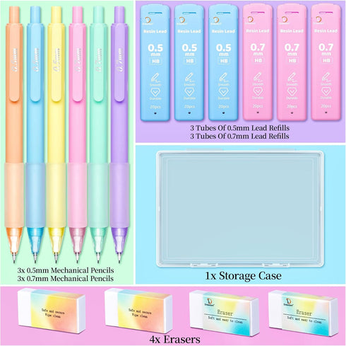 Mechanical Pencil Set, 6 Pcs Pastel 0.7mm & 0.5mm with 6 Tubes of HB Lead Refill and 4 Erasers