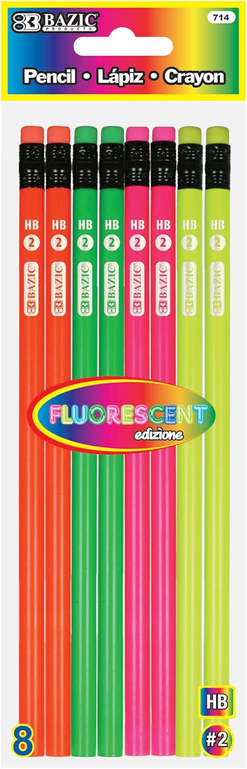 BAZIC Wood Neon Pencils, Unsharpened Rewards Pencil for Writing Drawing (8/Pack)